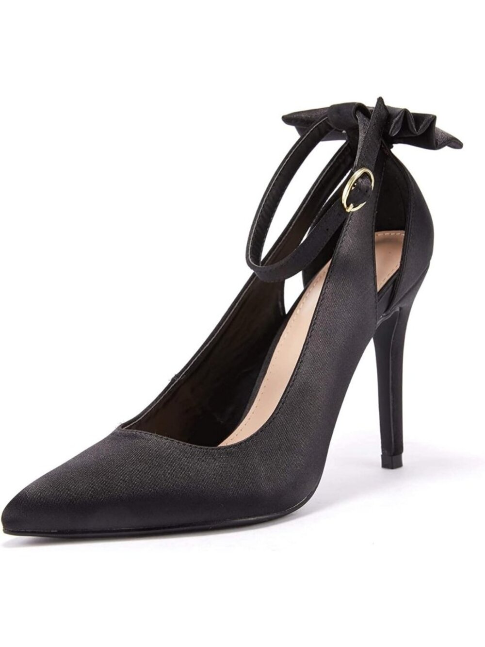 Women's Cool Black Pointed Toe Heels Ankle Strap Pumps Bowtie Back Dress Shoes